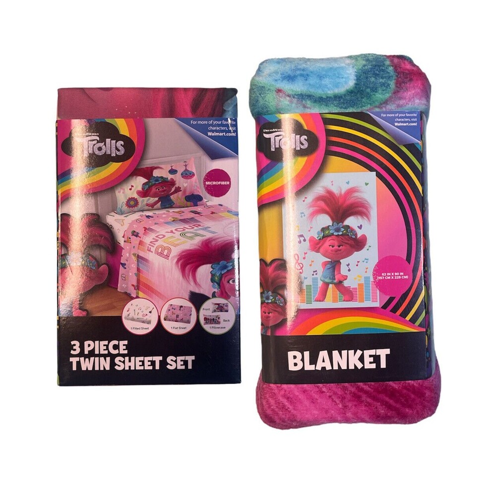 Trolls Kids 3 Piece Twin Sheet Set 66”x96” & Troll Throw Blanket 62”x90”